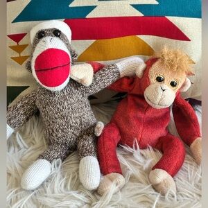 Two Holiday Stuffed Monkeys Sock Monkey Like New